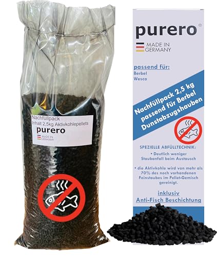 purero® Aktivkohle 2,5 kg Nachfüllpack - passend für Berbel Dunstabzugshauben - mit Anti-Fisch-Beschichtung – Aktivkohlepellets - Made in Germany