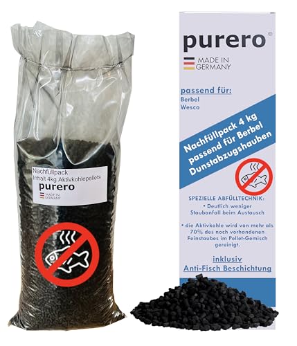 purero® Aktivkohle 4 kg Nachfüllpack - passend für Berbel Dunstabzugshauben - mit Anti-Fisch-Beschichtung – Aktivkohlepellets - Made in Germany