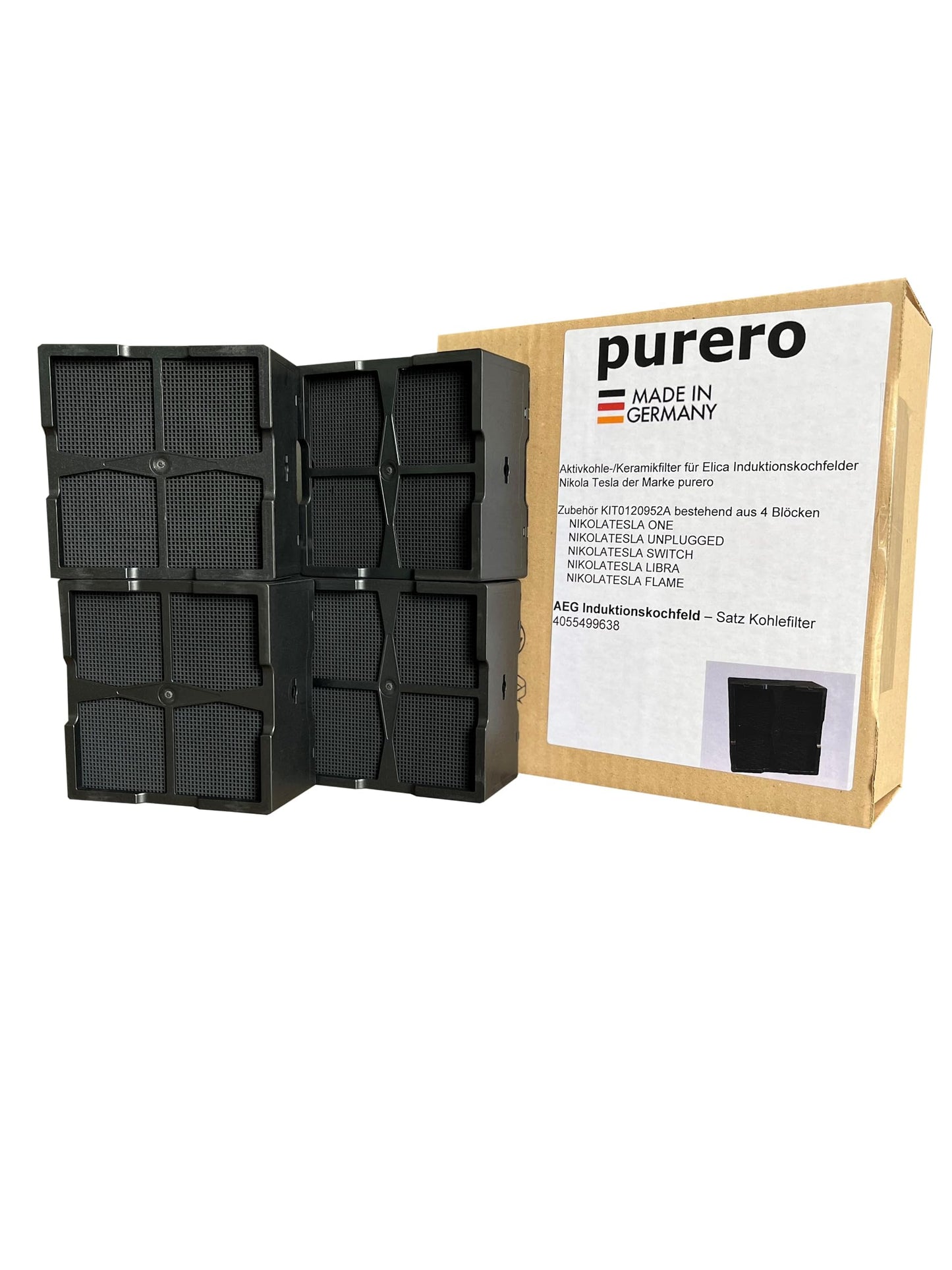 purero® Aktivkohlefilter/Keramikfilter -Ersatz für AEG Kohlefilter 4055499638 (4 St.)- Passend für AEG Induktionskochfeld Modell IDE84241IB / IDE84243IB / IDK84451IB / IDK84453IB - Made in Germany
