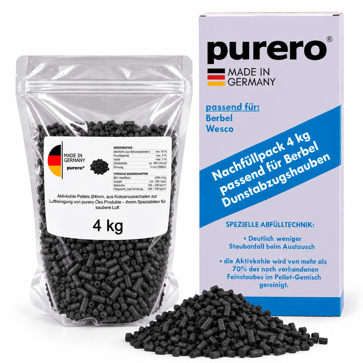 purero® Aktivkohle 4,0 kg Nachfüllpack - passend für Berbel Dunstabzugshauben - Aktivkohlepellets - Made in Germany - Aktivkohle Pellets - Made in Germany