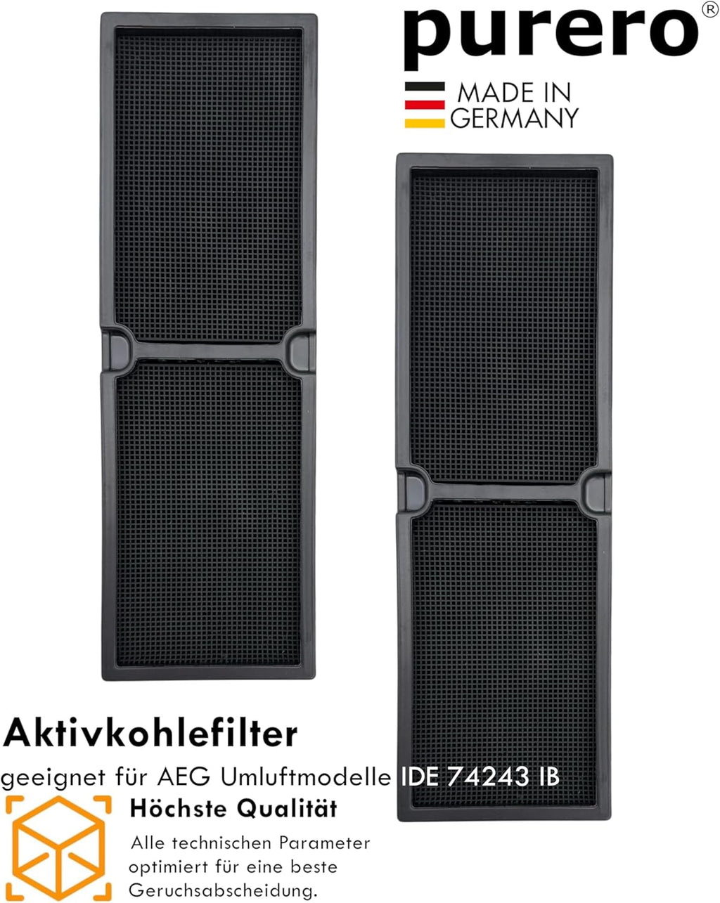 purero® Aktivkohlefilter/Keramikfilter -Ersatz für AEG Kohlefilter 4055550331 (2 St.)- Passend für AEG Induktionskochfeld Modell IDE 74243 IB - Serie 942150896 xx - Made in Germany