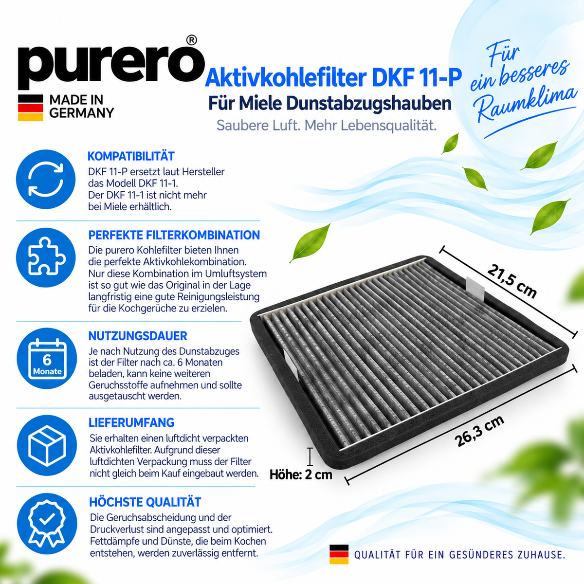 purero® Aktivkohlefilter - Ersatzfilter für Miele DKF 11-P / 11762530, Nachfolgemodell von DKF 11-1 - Optimale Geruchsabscheidung - Made in Germany