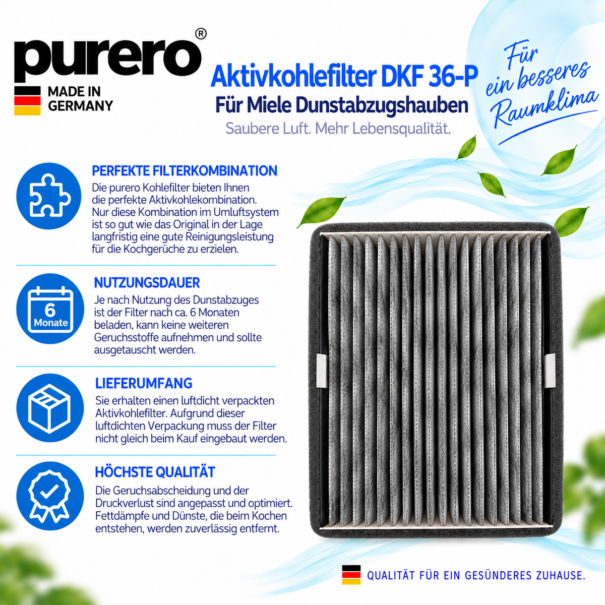 purero® - Ersatzfilter kompatibel mit Miele DKF 36-P Active Air Clean Filter 12041550 - Aktivkohlefilter in Herstellerqualität - Made in Germany