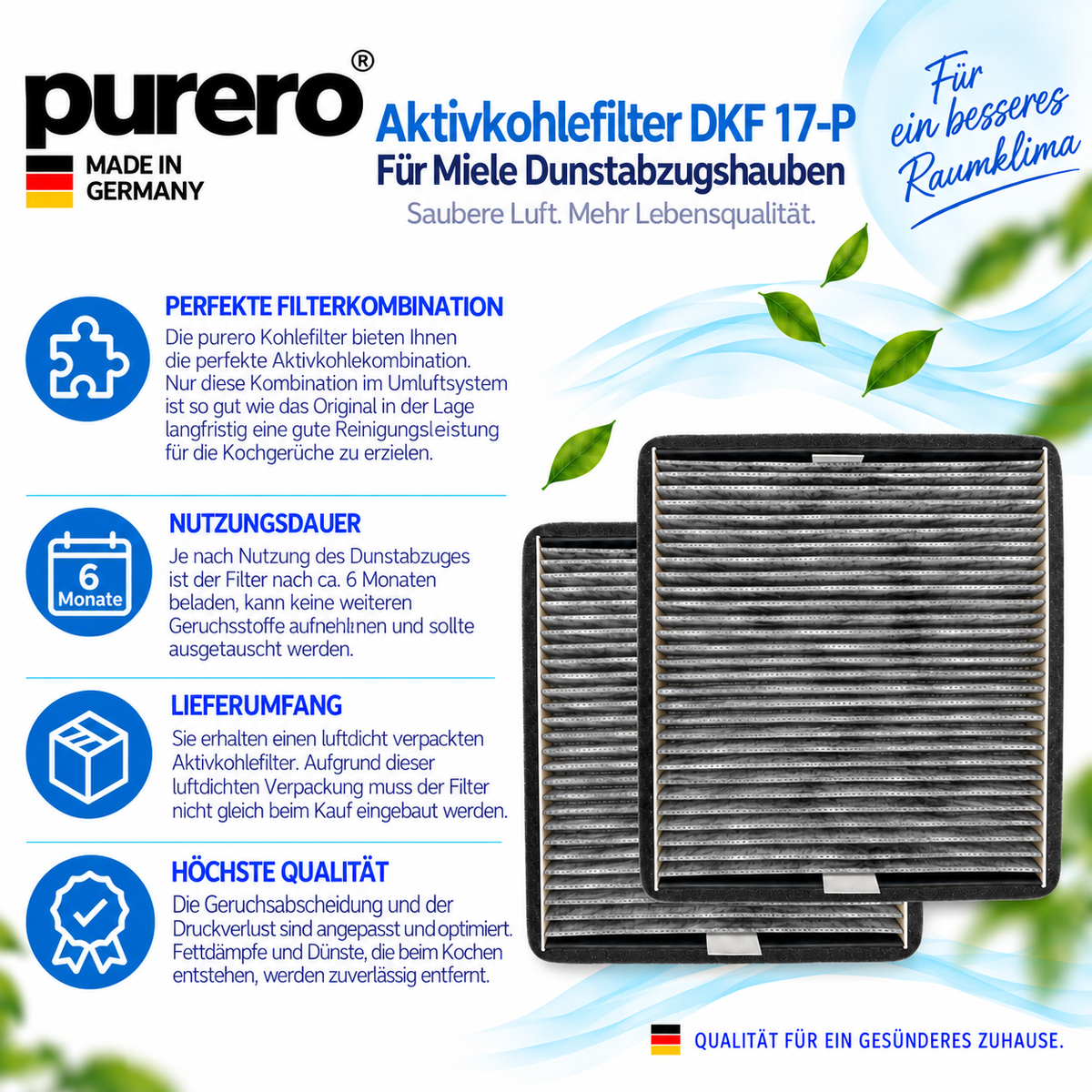 purero® Aktivkohlefilter - Ersatzfilter für Miele DKF 17-P / 7932330, Nachfolgemodell von DKF 17-1 - Opimale Geruchsabscheidung - Made in Germany
