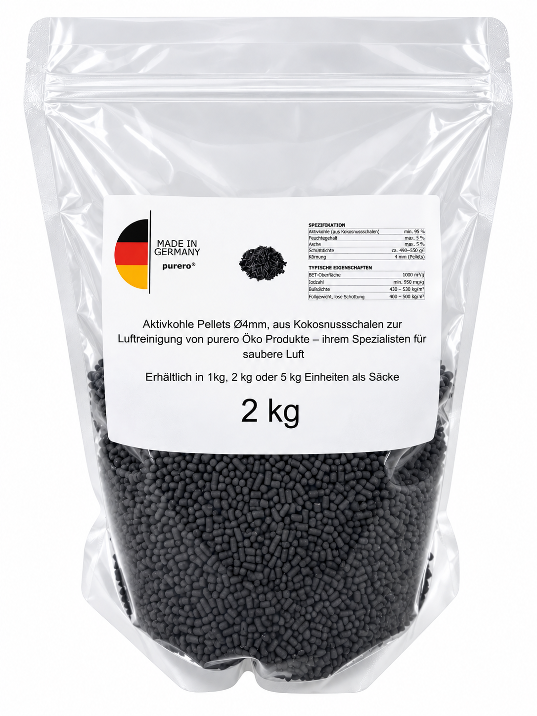 purero Aktivkohlepellets 4mm (1kg, 2kg, 5kg & 10kg). Diese Pellets für die Wasser- & Luftreinigung, sowie Geruchsabscheidung